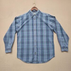 Vintage Lee Men's Denim Blue Plaid Long Sleeve Button‎ Up Shirt Size Medium
